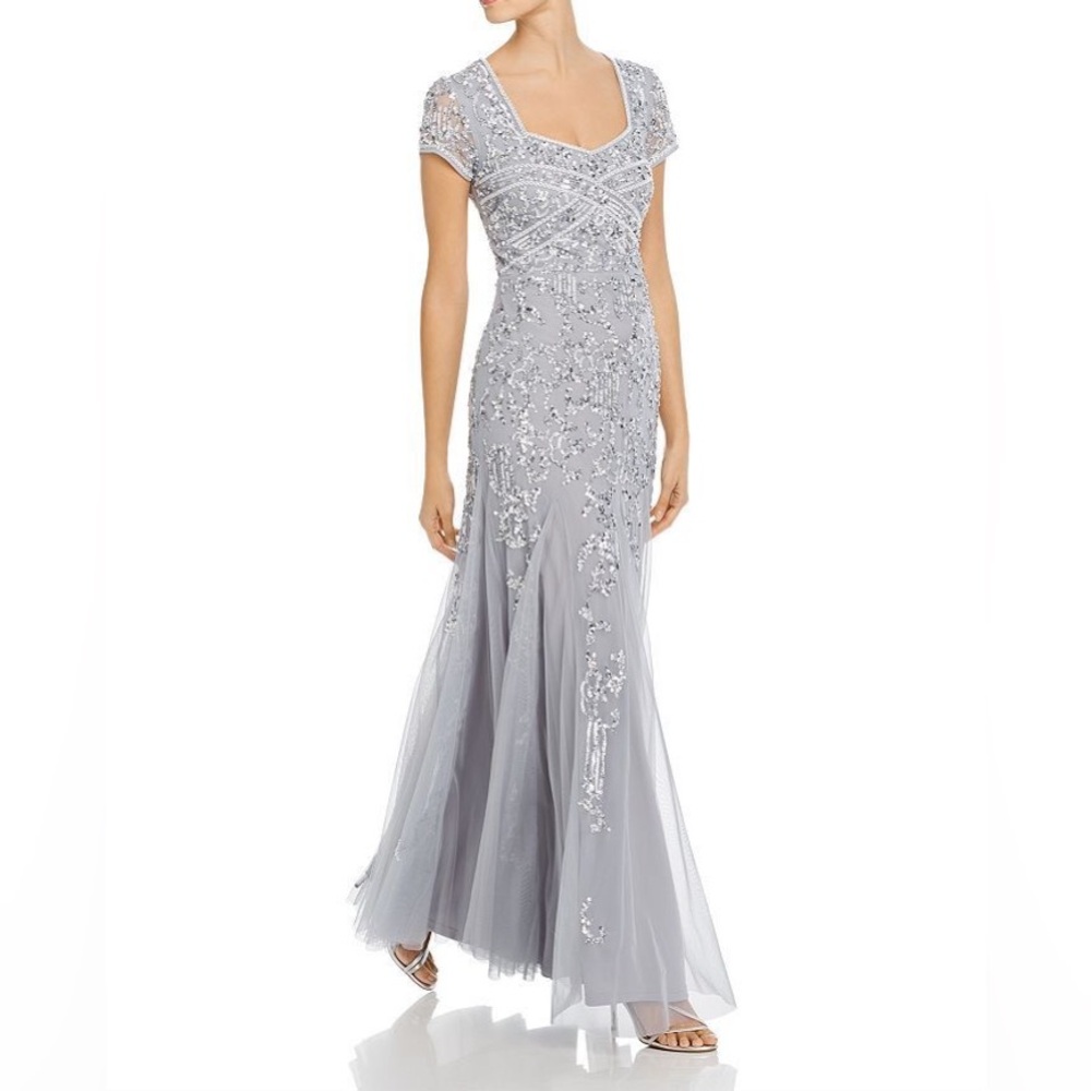 Adrianna Papell Bead Embellished Godet Gown in Silver Mist Size 2